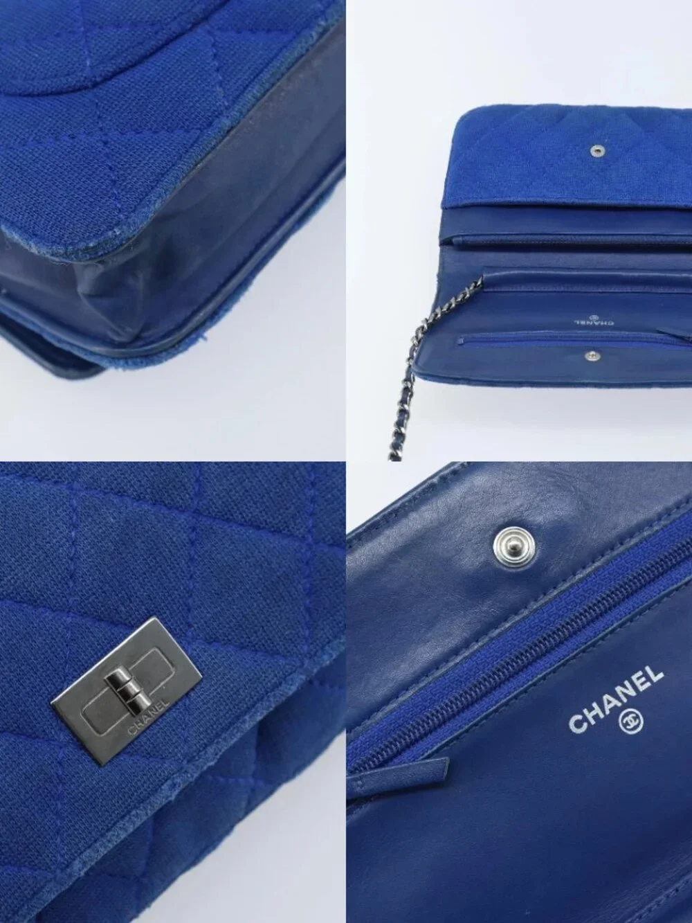 CHANEL Chain Matelasse 2.55 Shoulder Bag Canvas Navy Silver CC Auth 171466A